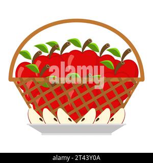 Wicker basket full of red ripe apples and slices apple with a seed inside lie on a plate. Still life. Bright fruits with small twigs and leaves. Stock Vector