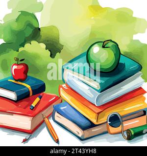 Back to school, High books stack on white background closeup. Sketch handmade. Postcard for print. Watercolor vector illustration. Stock Vector