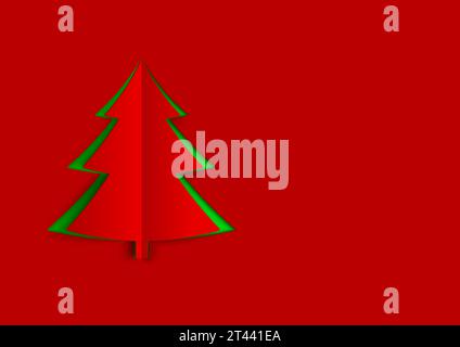 Christmas tree in paper art style with green and red color. Christmas abstract background with red paper layer. Stock Vector