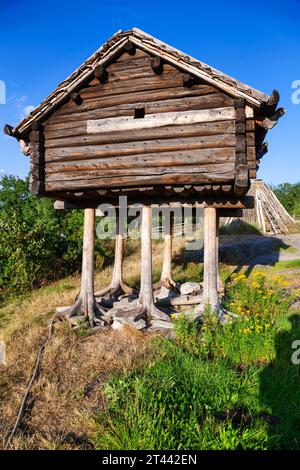 Preserved traditional elevated wooden store house in Skansen, the oldest open-air museum and zoo in Sweden located on the island Djurgarden in Stockho Stock Photo