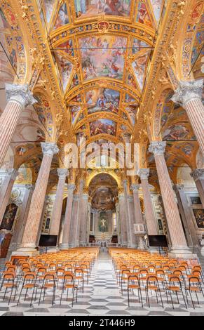 GENOVA, ITALY - MARCH 6, 2023: The nave of church Basilica della Santissima Annunziata del Vastato withe frescoes by Giovanni Battista Carlone (1603 – Stock Photo