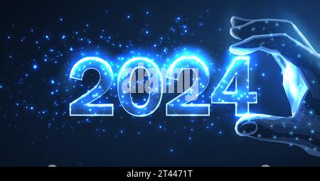 Numbers 2024 in digital hand. New year blue background. Low poly style. Web banner template. Calendar season 2024. Abstract wireframe vector illustrat Stock Vector
