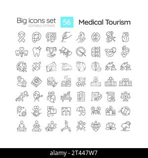 Customizable black big linear icons set for medical tourism Stock Vector
