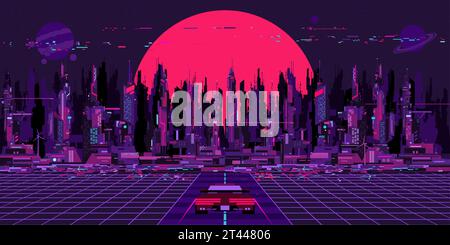 Trendy Colorful Abstract Futuristic Sci-fi Cyber Space City Landscape And A Car On The Road Vector Illustration Background Template Element Stock Vector