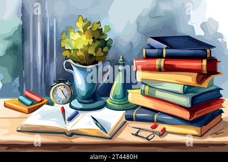 Watercolor school background Vintage books stacks and school supplies. School concept illustration. Education themed vector illustration. Stock Vector