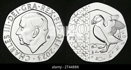 First definitive 20p coin featuring King Charles III, issued 2023. Puffin Stock Photo