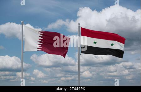 Syrian Arab Republic, Syria and Qatar flags waving together in the wind on blue cloudy sky, two country relationship concept Stock Photo