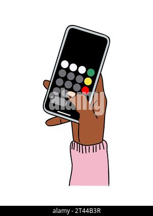 Hand holding phone with calculator app on screen. Stock Vector