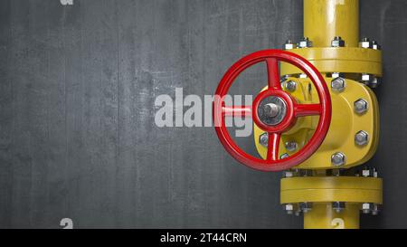 Oil and gas yellow pipeline valve on gray wall background.. Opening and closing fields, transportation, storage and processing in  gas and oil industr Stock Photo