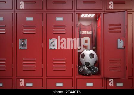 Football accesoires in locker rrom. Soccer ball, shirt and boots in a club wardrobe. 3d illustration Stock Photo