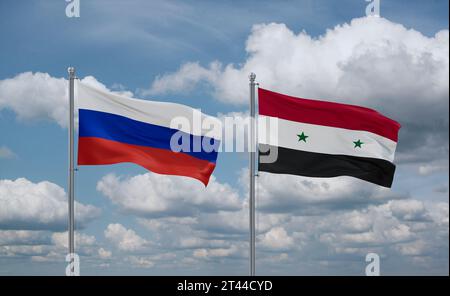 Syrian Arab Republic, Syria and Russia flags waving together in the wind on blue cloudy sky, two country relationship concept Stock Photo