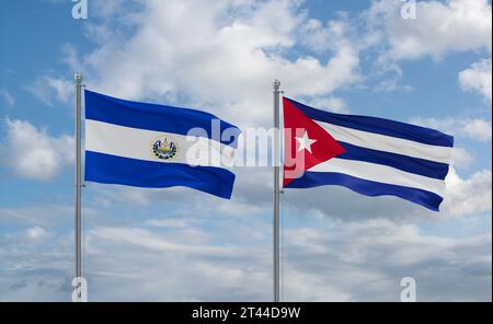 Cuba and El Salvador, Salvador flags waving together in the wind on blue cloudy sky, two country relationship concept Stock Photo