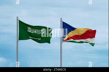 Seychelles And Saudi Arabia Flags Waving Together In The Wind On Blue 