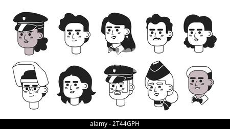 Workers diverse black and white 2D vector avatars illustration set Stock Vector