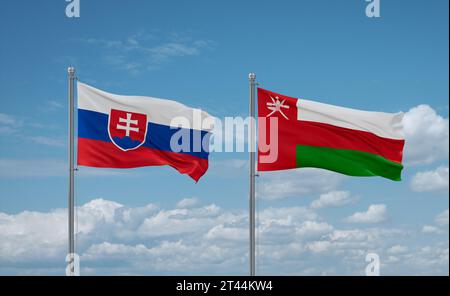 Oman and Slovakia flags waving together in the wind on blue cloudy sky, two country relationship concept Stock Photo