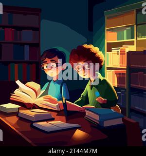 School kids sitting on table and reading book, two boy kid with glasses sit on table and reading tale book in school library, school education concept, back to school, vector illustration Stock Vector