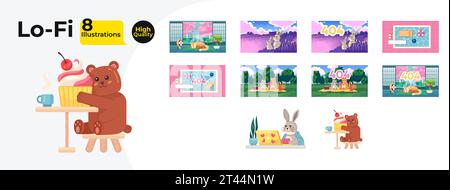 Kawaii cute lofi wallpapers bundle Stock Vector