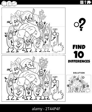 Black and white cartoon illustration of finding the differences between pictures educational activity with vegetable characters coloring page Stock Vector