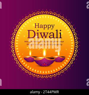 Vector Illustration of Diwali Greeting background with illuminated oil lamps (diyas) and mandala decoration. Stock Vector