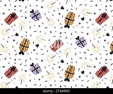Gifts pattern with serpentine on a transparent background, vector graphics for packaging, textiles, gifts for children, seamless pattern, flat style Stock Vector