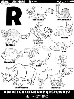 Cartoon illustration of animal characters set for letter R coloring page Stock Vector