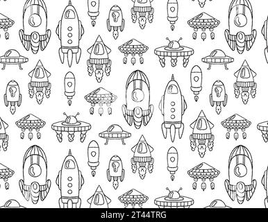 transport to space pattern on a transparent background, doodle style, space adventure, children's print. Vector graphics for packaging and testing des Stock Vector