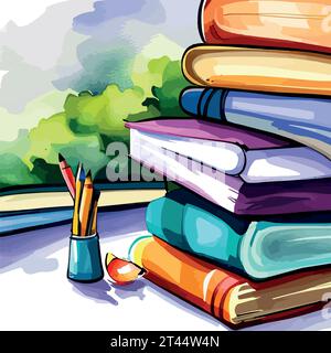 Back to school, High books stack on white background closeup. Sketch handmade. Postcard for print. Watercolor vector illustration. Stock Vector