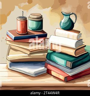 Back to school, High books stack on white background closeup. Sketch handmade. Postcard for print. Watercolor vector illustration. Stock Vector