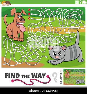 Cartoon illustration of find the way maze puzzle game with puppy and kitten Stock Vector