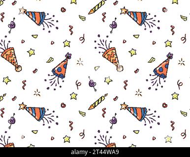Pattern of patterns with hats for a birthday party in a groovy style. Bright festive digital paper for children, vector graphics, fireworks elements, Stock Vector
