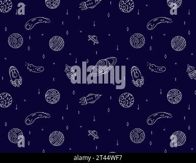 pattern of planets and rockets into space on a blue background, doodle style, space adventure, children's print. Vector graphics for packaging and tes Stock Vector