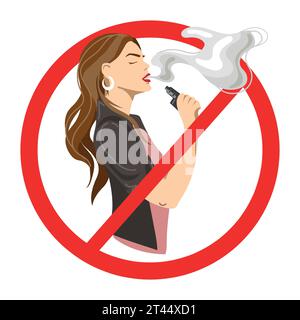 No vaping,smoking sign.Woman smoking e-segarita vape in Red forbidden circle sign icon isolated on white background vector illustration.Woman vaper bl Stock Vector