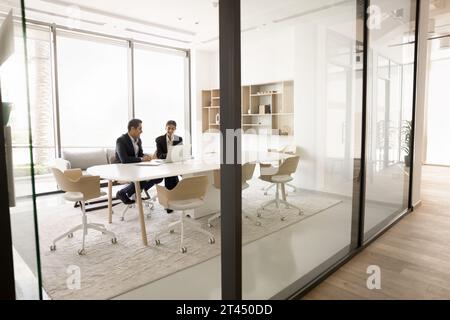 Two businesspeople working on online project together Stock Photo
