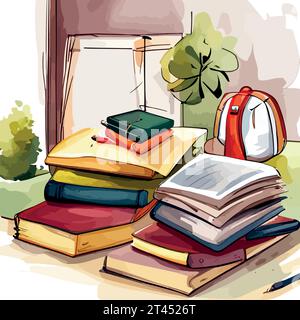 Back to school, High books stack on white background closeup. Sketch handmade. Postcard for print. Watercolor vector illustration. Stock Vector