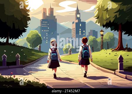 Girl in school uniform with backpack goes to school portrait from the back side, back to school concept vector illustration Stock Vector