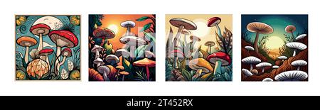 banner set Seamless Pattern with Edible, Poisonous Inedible Mushrooms. Hand Drawn Cartoon Mushrooms. Different Mushrooms on a colored background. vector illustration.  Stock Vector