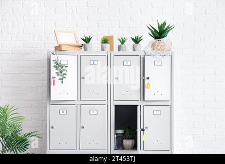 Modern locker with plants near white brick wall Stock Photo - Alamy