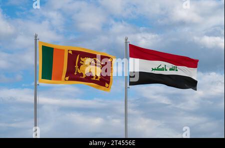 Iraq and Sri Lanka flags waving together on blue cloudy sky Stock Photo