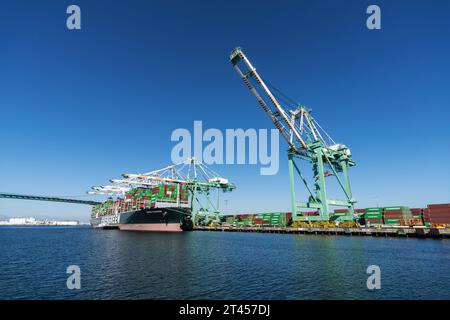 Los Angeles, California, USA - October 4, 2023:  View of Evergreen cargo ship and dockside harbor crane at the Port of Los Angeles. Stock Photo