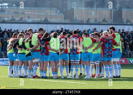 Galway, Ireland. 28th Oct, 2023. The Glasgow Warriors team during the United Rugby Championship Round 2 match between Connacht Rugby and Glasgow Warriors at the Sportsground in Galway, Ireland on October 28, 2023 (Photo by Andrew SURMA/ Credit: Sipa USA/Alamy Live News Stock Photo