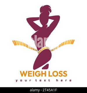 Fitness Women Silhouette  posing with sewing meter. Weight Loss Logo Design isolated on white vector illustration Stock Vector