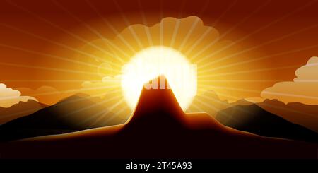 Horizontal landscape with Sundown in a Mountain Side. Sunset wild nature vector illustration Stock Vector