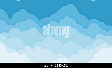 Blue sky with layered flat cartoon style clouds with color gradient to white. Abstract cloudy heaven illustration background. Stock Photo