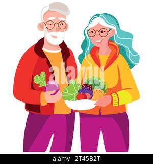 Modern elderly vegan couple holding fresh vegetables and fruits in their hands vector illustration.Healthy eating for seniors.Senior man and woman wit Stock Vector