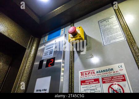 Alarm button in a Turkish elevator. Lift interior turkey Stock Photo