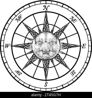 Compass Sun Face Etching Rose Woodcut Drawing Stock Vector
