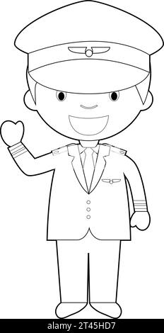 Easy coloring cartoon vector illustration of a pilot. Stock Vector