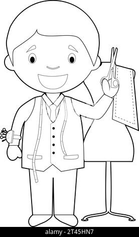Easy coloring cartoon vector illustration of a tailor. Stock Vector