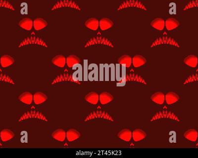 Halloween scary face with glowing eyes in pixel style. Seamless pattern with scary faces carved on a pumpkin in 8-bit 80-90s video game style. Design Stock Vector