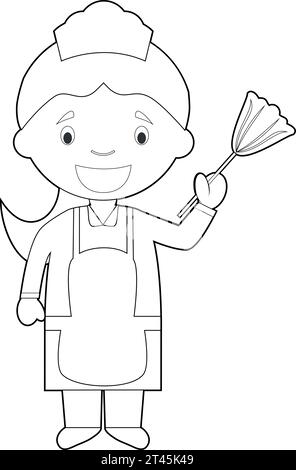 Easy coloring cartoon vector illustration of a maid or cleaning girl. Stock Vector